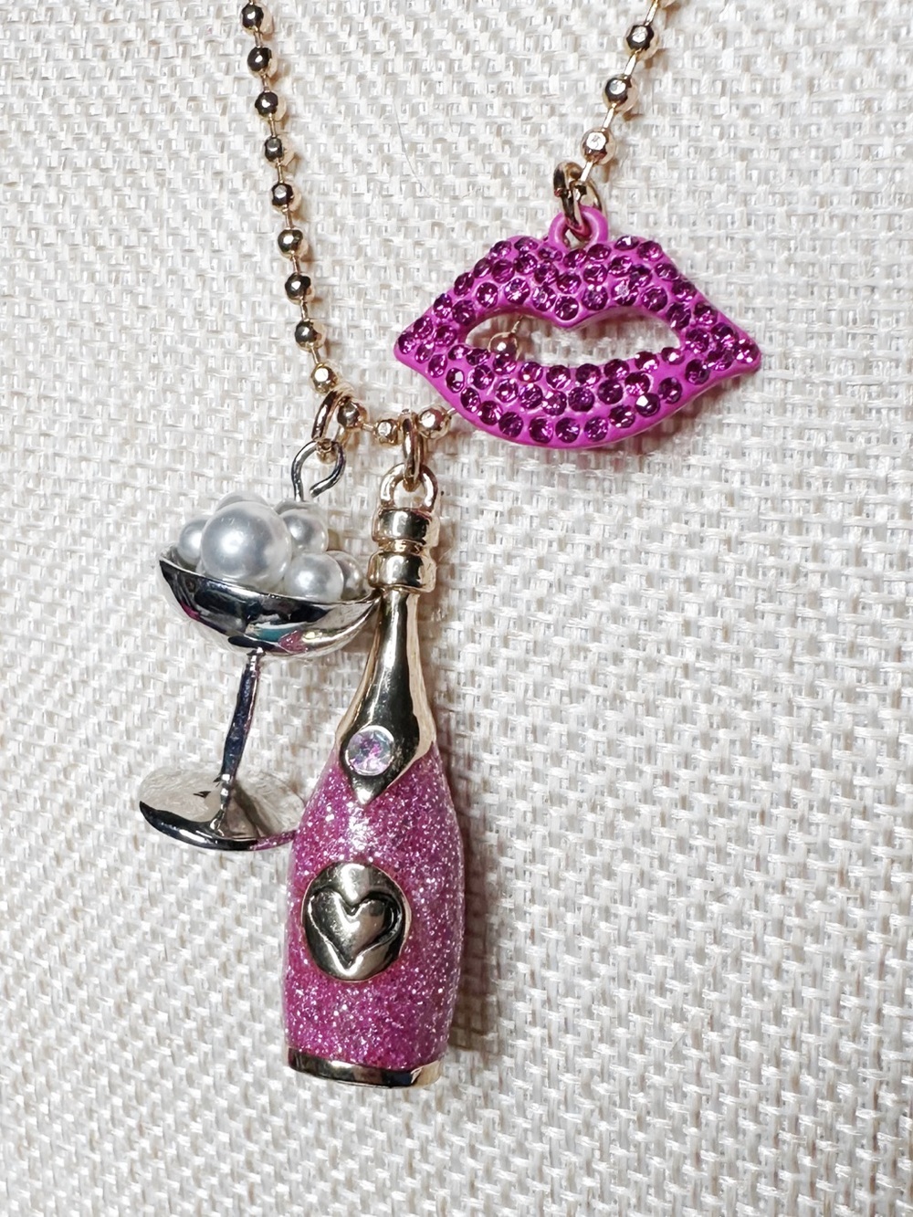 Betsey Johnson Champagne and kisses Gold Chain Necklace with Charms - Picture 3 of 5